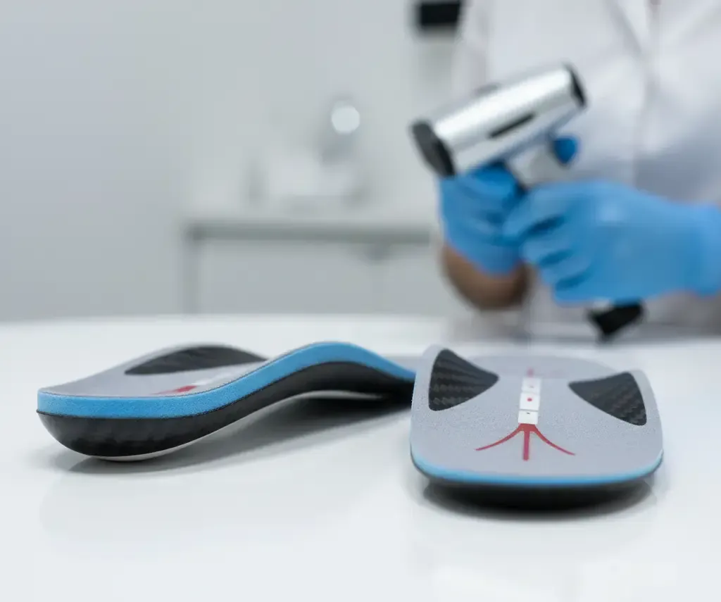 Two gray and blue orthotics on a white surface, with a person holding a device in the background.