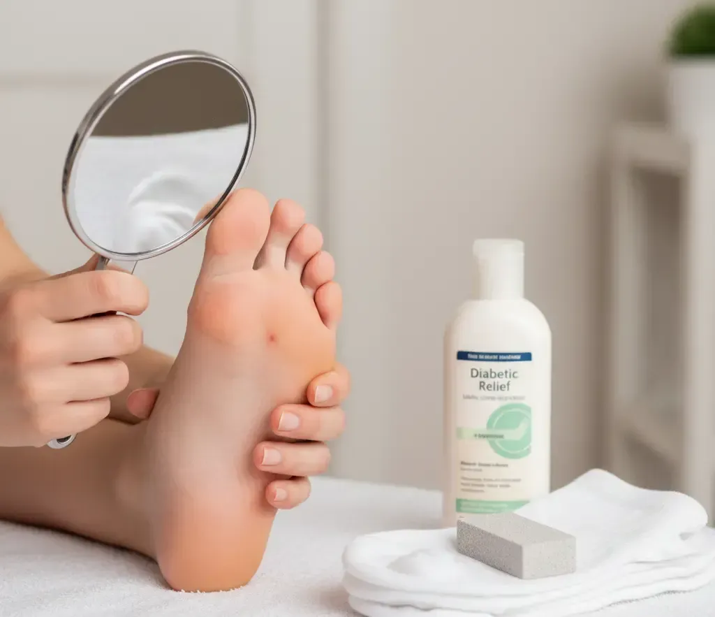 Person inspecting foot with a mirror. Foot oil, socks, and file on a table.