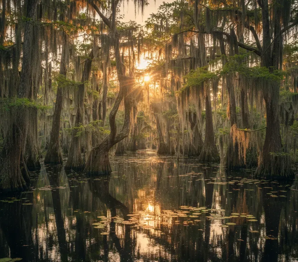 Sunlight filters through a swamp forest of tall trees draped with Spanish moss, reflected in still water.