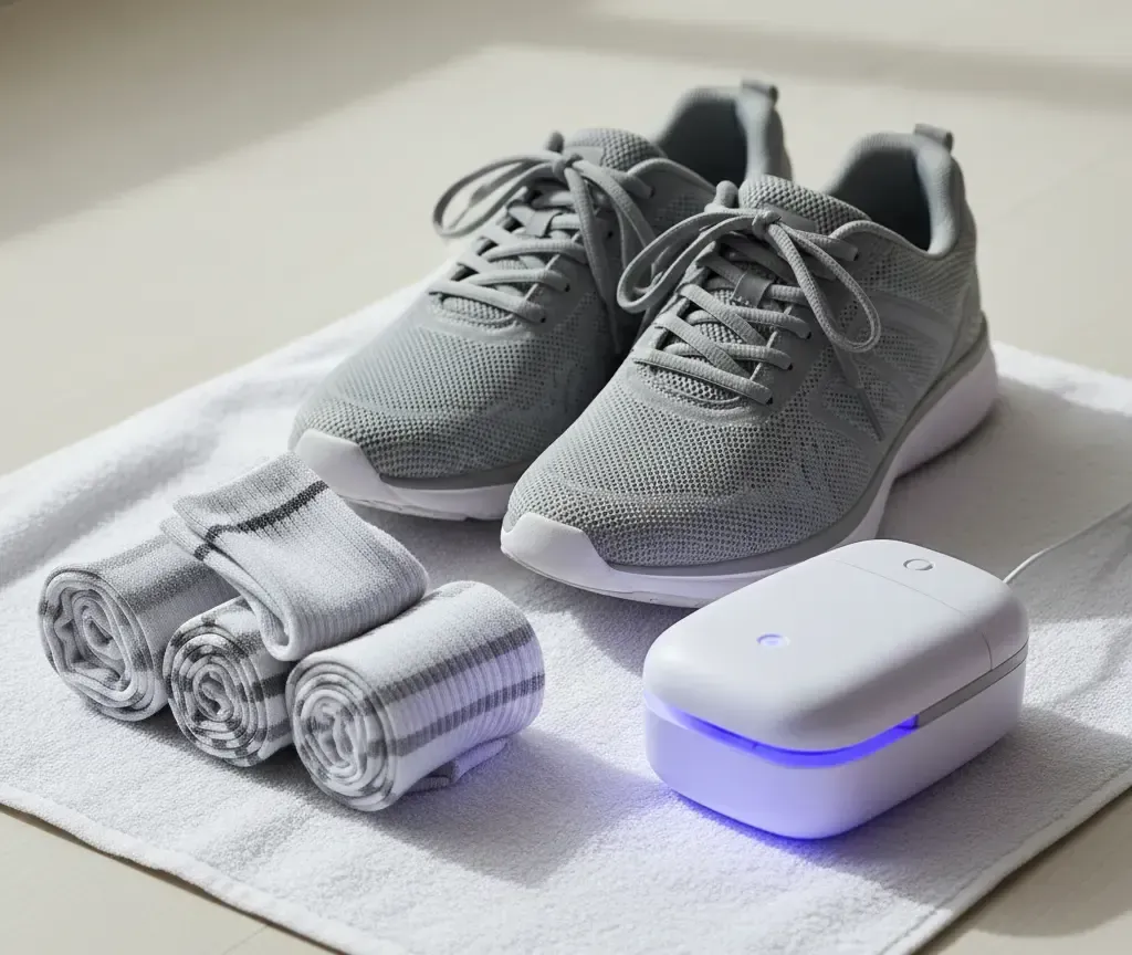 Gray sneakers and rolled socks on a white towel, with a UV shoe sanitizer.