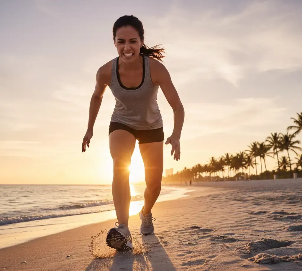 Woman running on a beach at sunset, wearing athletic clothing.