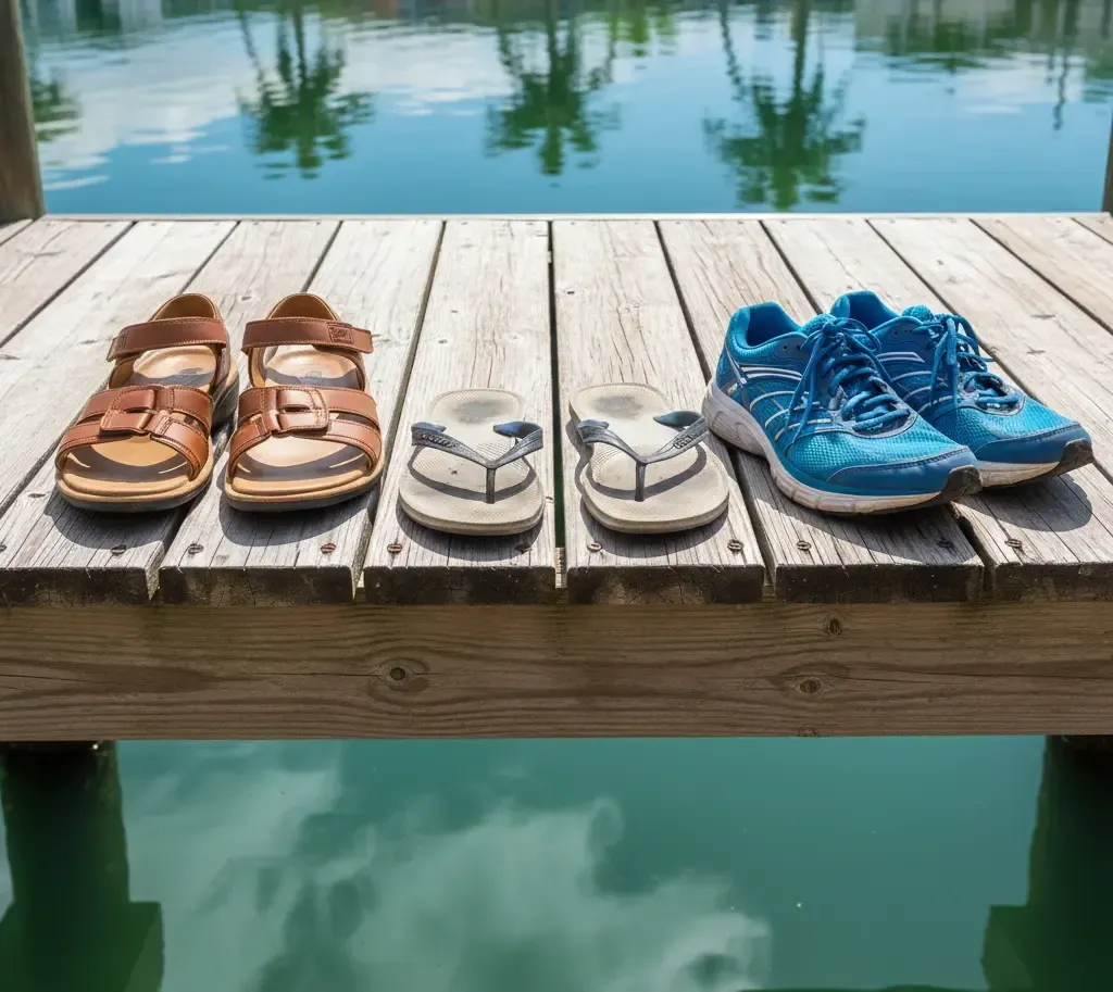 Three pairs of shoes sit on a wooden dock: sandals, flip-flops, and running shoes, with a water background.