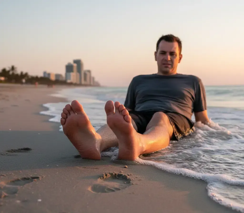 Man relaxes on a beach, feet in the water, city skyline in background.
