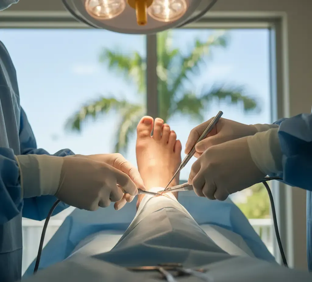 Foot surgery in progress, with surgical tools and medical personnel in an operating room setting.