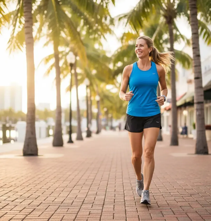 Woman jogging on a brick path lined with palm trees, wearing blue top and black shorts.