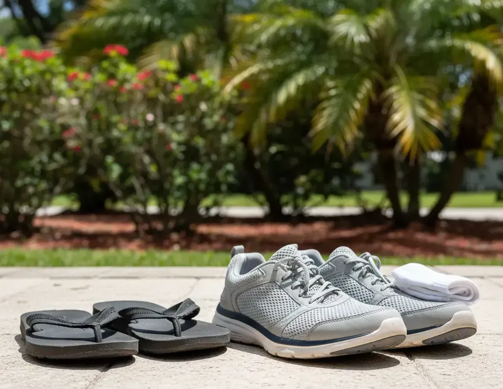 Flip-flops, athletic shoes, and a white sock sit on a sidewalk in front of greenery on a sunny day.