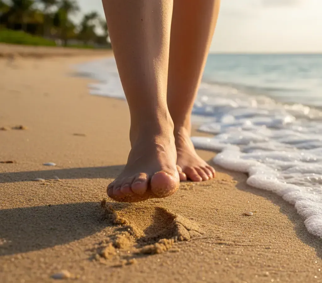 Bare feet walking on a sandy beach, leaving footprints near the ocean's edge.