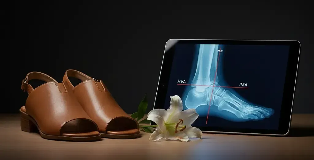 Brown sandals next to a tablet displaying a foot X-ray, with a lily on a dark wood surface.