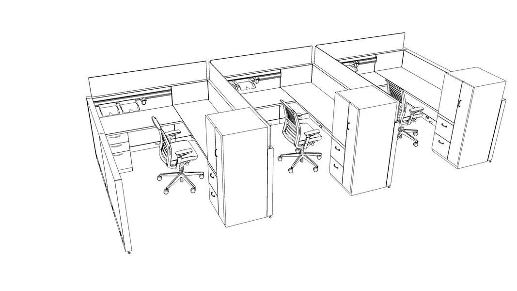 A black and white drawing of a cubicle with desks and chairs.