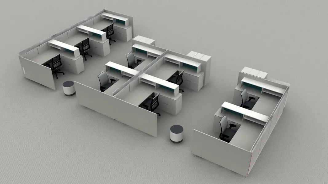 A 3d model of an office with cubicles and chairs