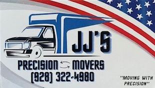 A business card for JJ's Precision Movers with a moving truck logo, American flag design, and phone number (928) 322-4980.