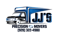 Logo for JJ's Precision Movers featuring a stylized blue and black moving truck, company name, and phone number (928) 322-4980.