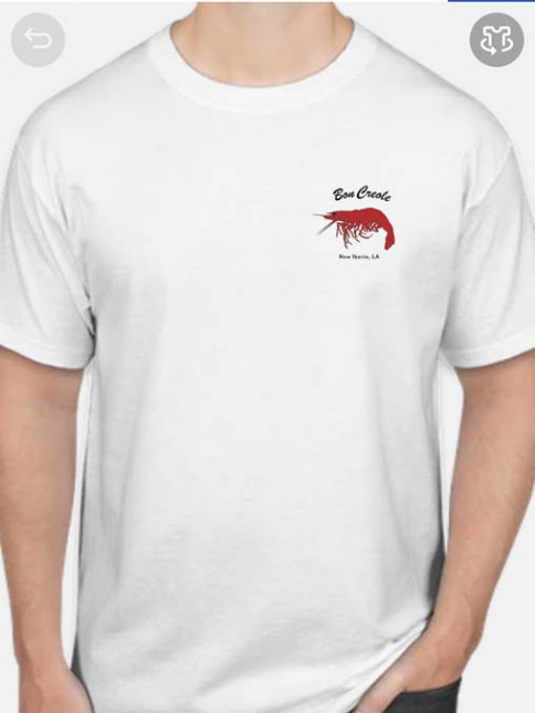White t-shirt with red shrimp graphic, text 