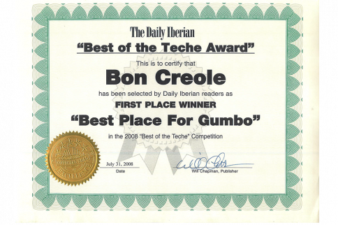 Award certificate for Bon Creole as 