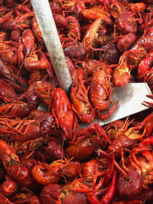 Pile of cooked red crawfish with a metal scoop.
