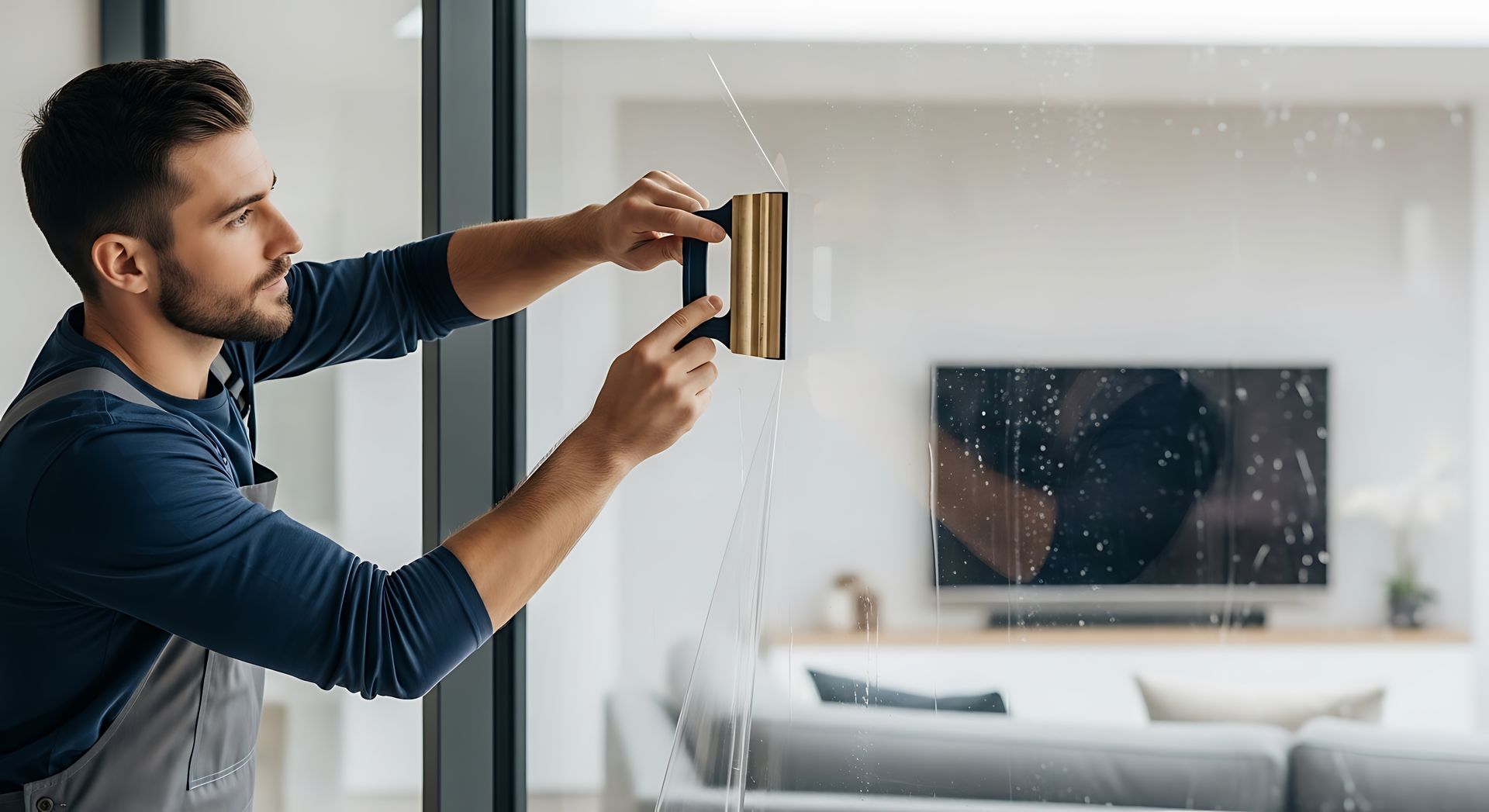 A technician applies window tint with a squeegee, showcasing residential window tinting services. A technician applies window tint with a squeegee, showcasing residential window tinting services.