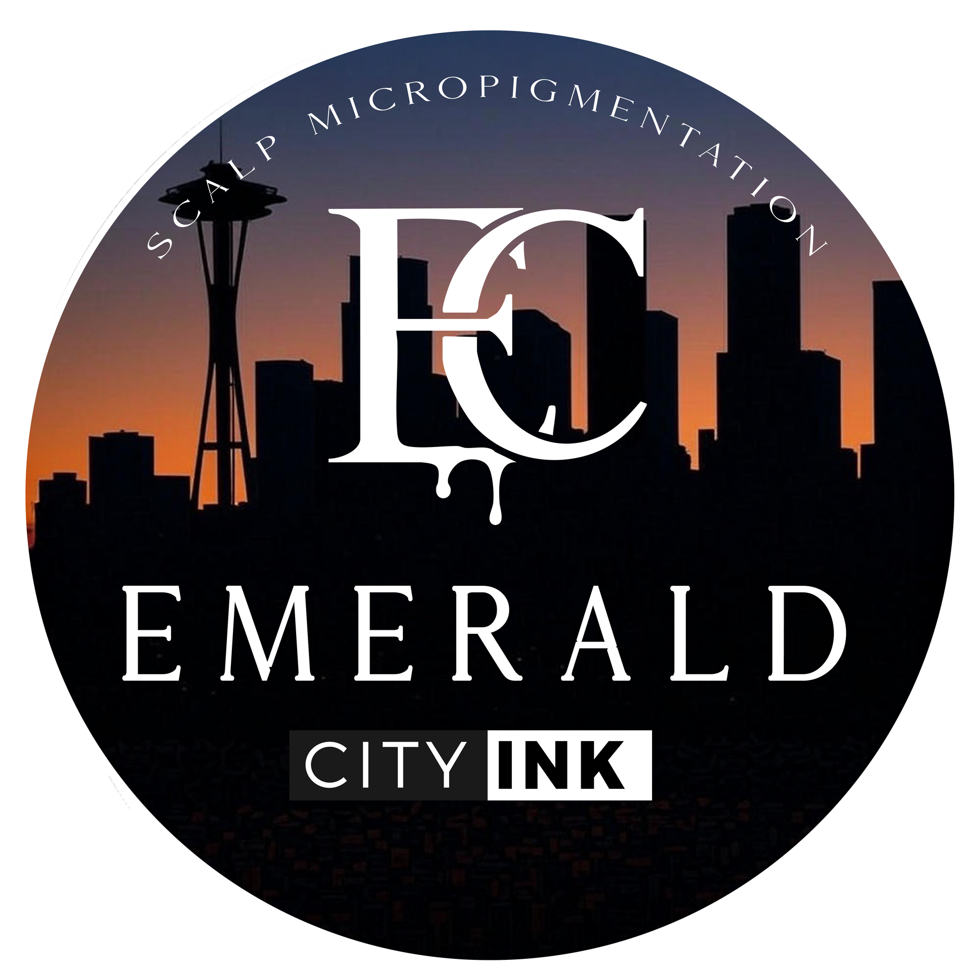 Logo for Emerald City Ink with Seattle skyline and initials.