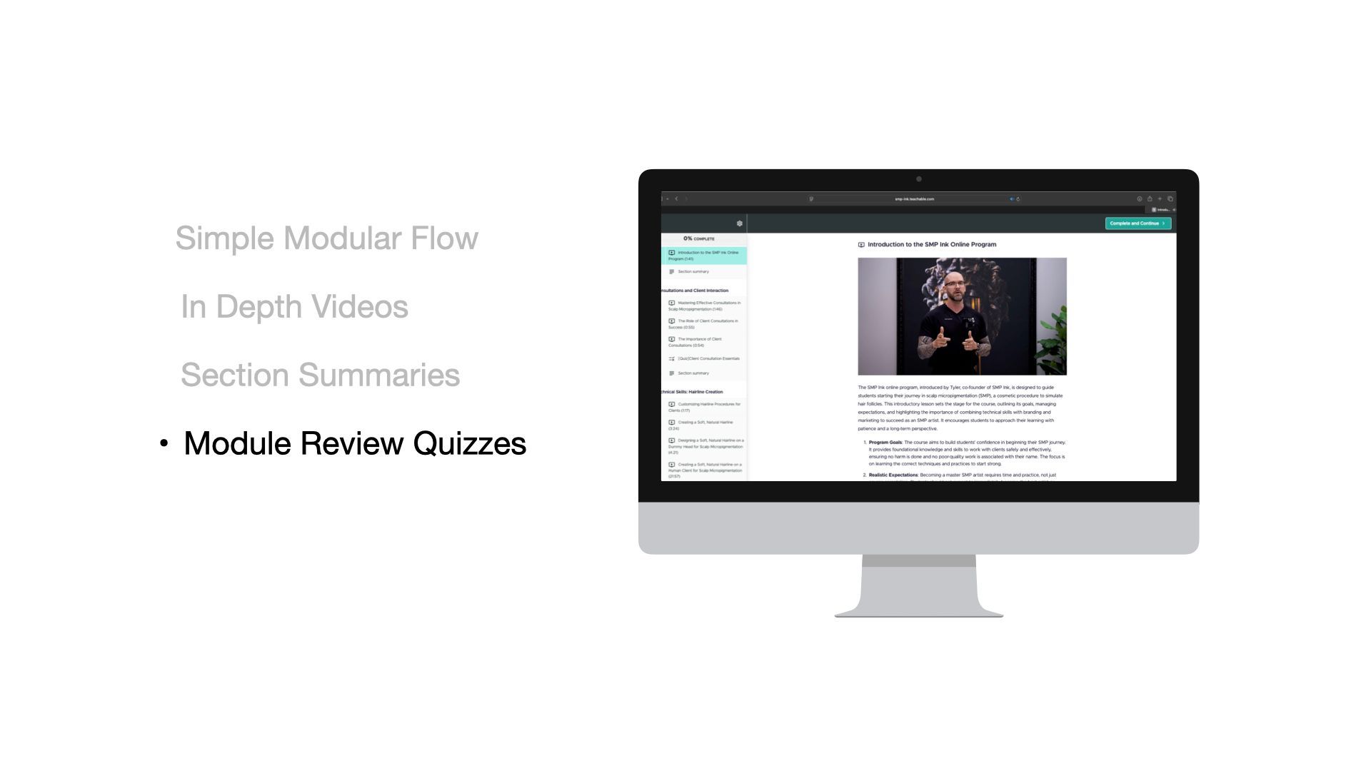 Computer screen displaying online course content, with bullet points: modular flow, videos, summaries, and quizzes.