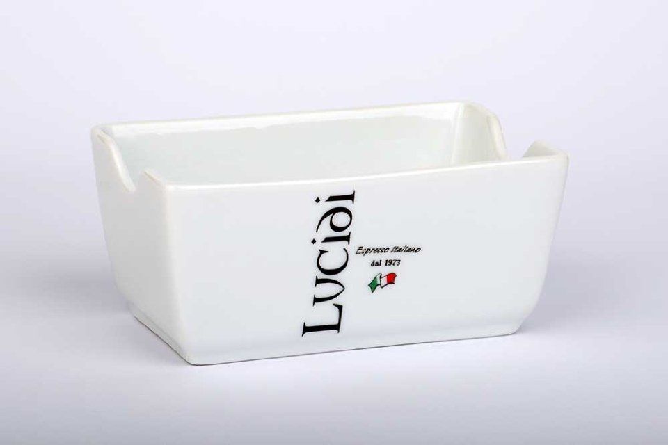 Contenitore per bustine di zucchero in porcellana personalizzato con il marchio Lucidi Espresso Italiano
