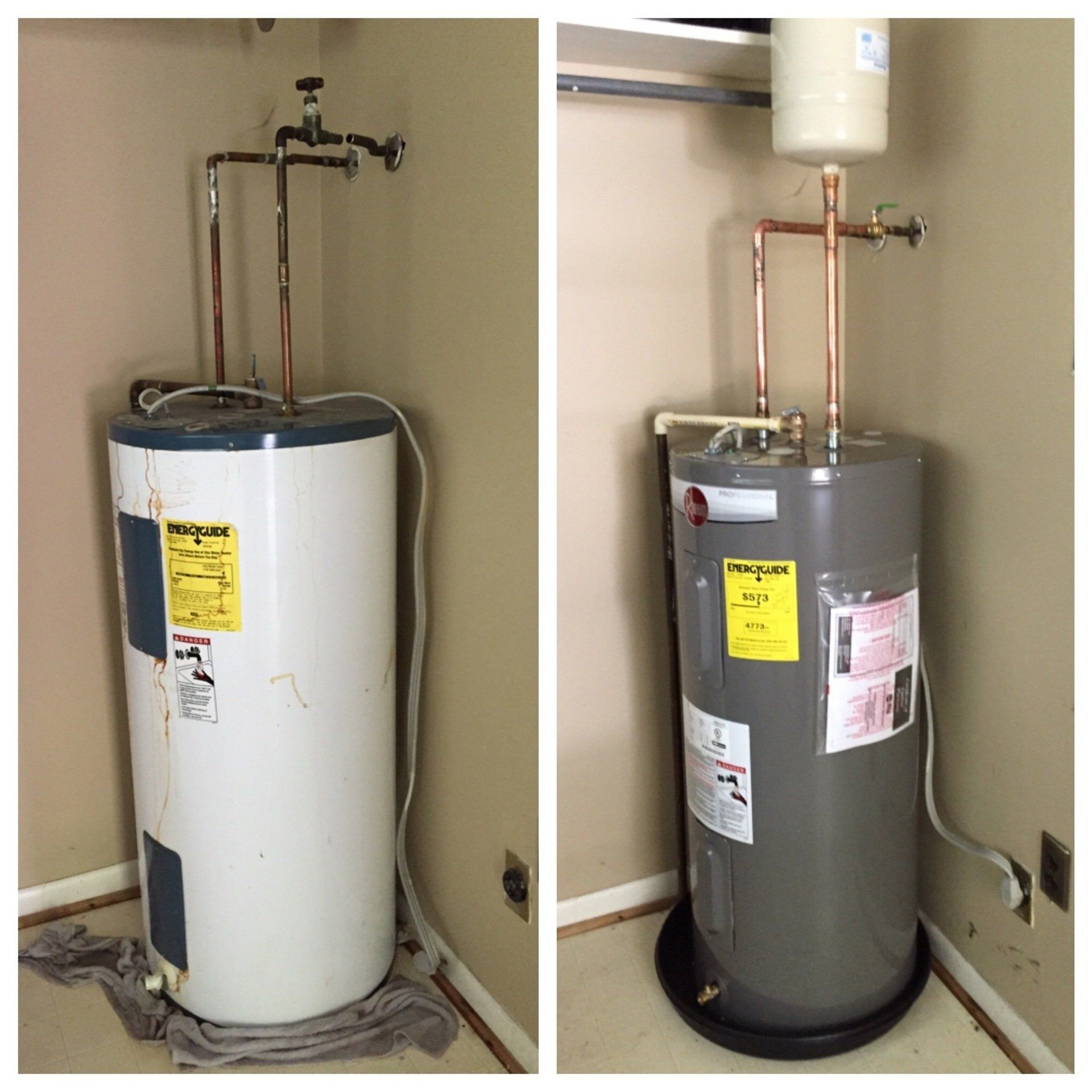 A before and after picture of a water heater in a room.