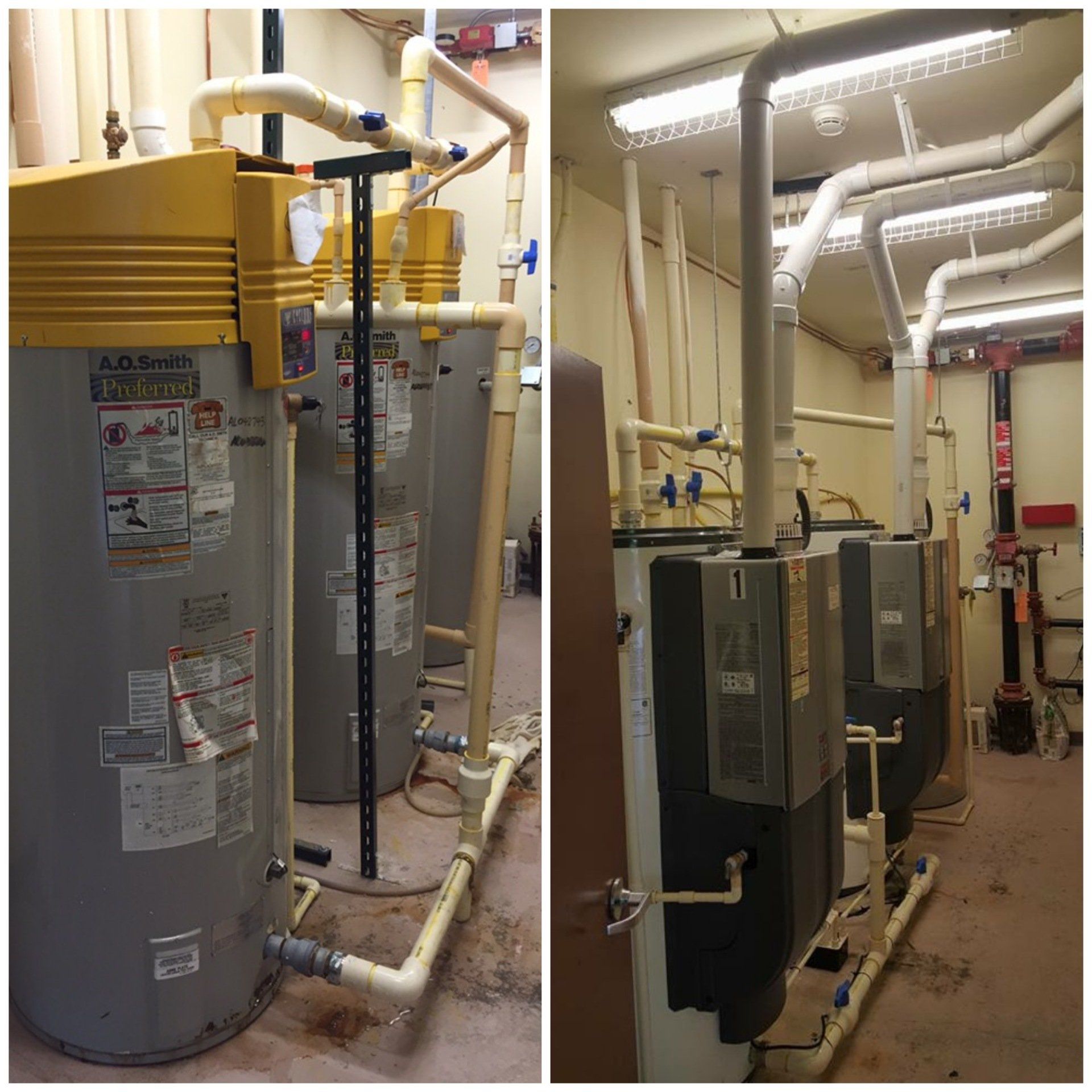 A row of water heaters are lined up in a room