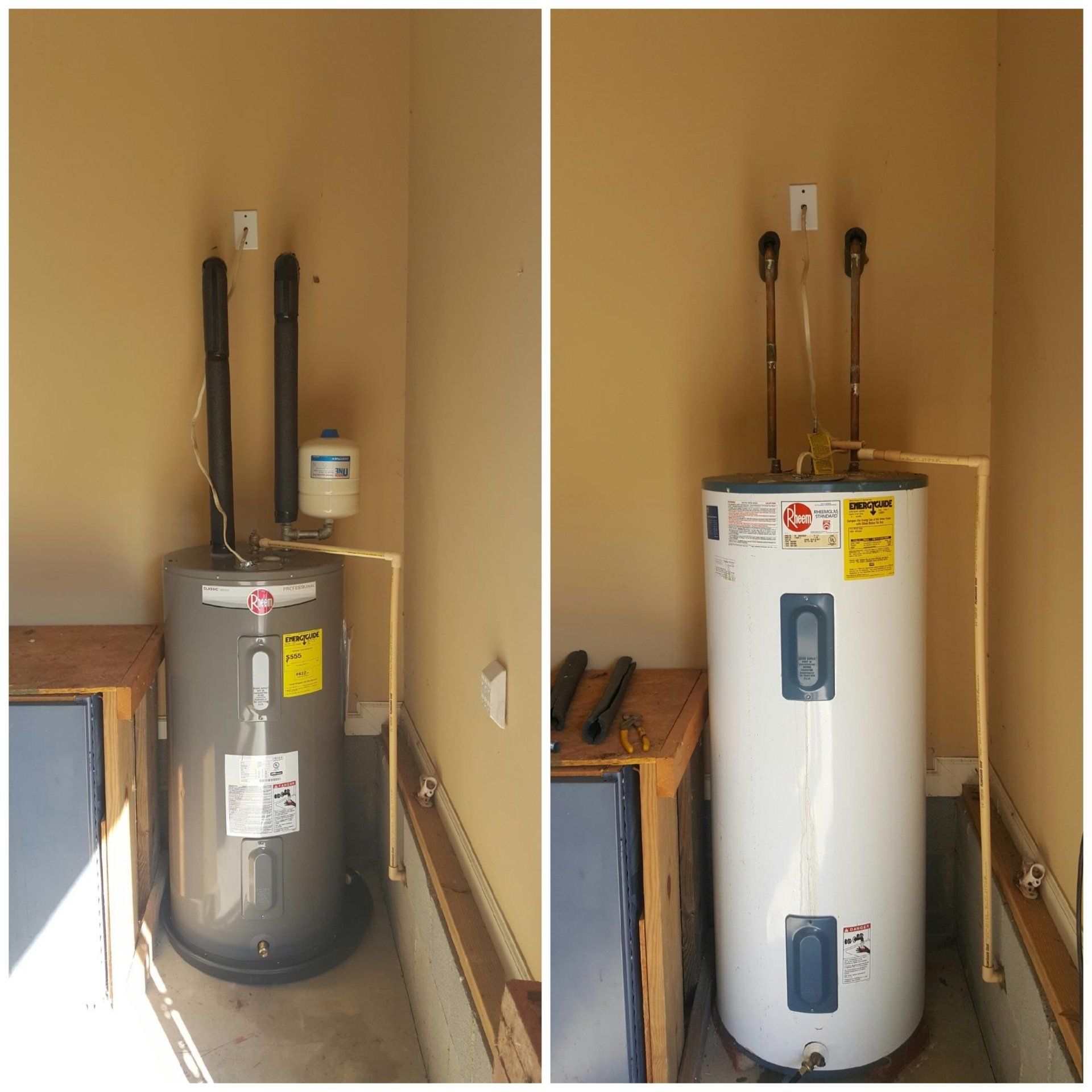 A before and after picture of a water heater