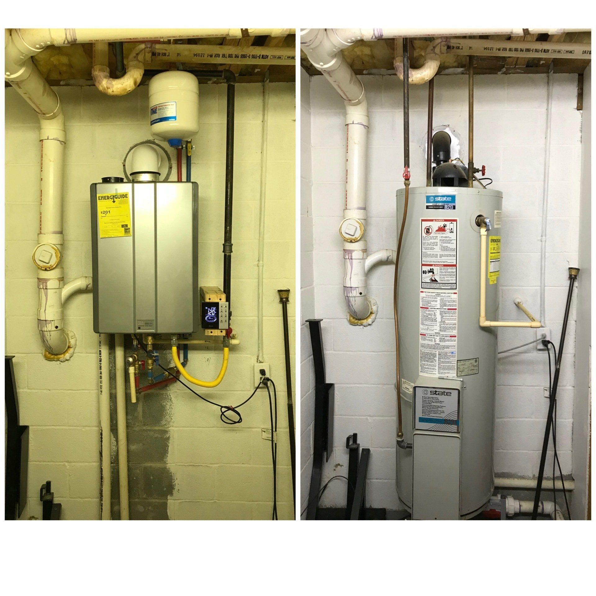 A before and after picture of a water heater in a basement.