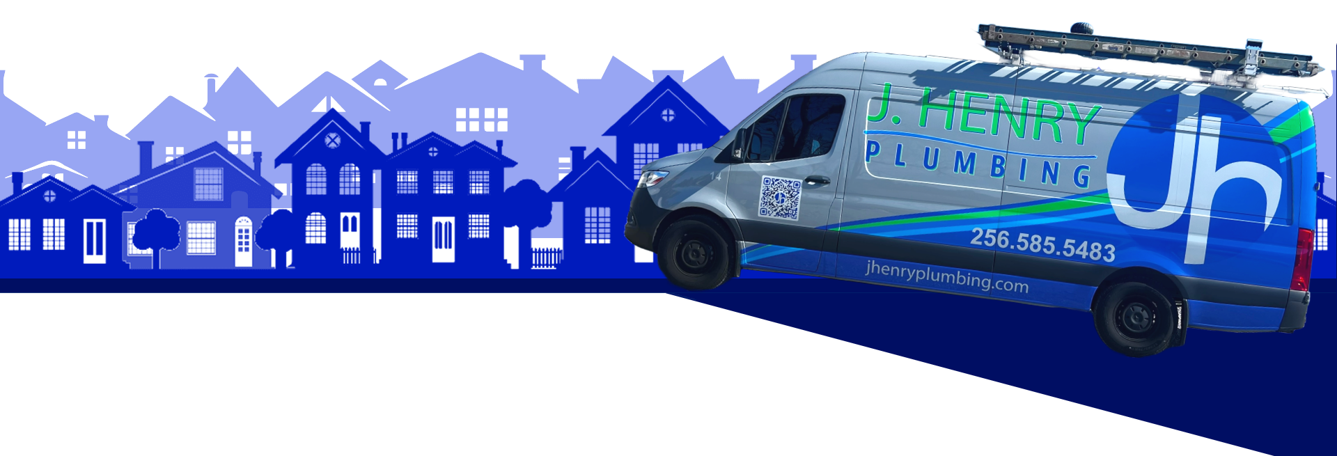 A henry plumbing van is parked in front of a row of houses