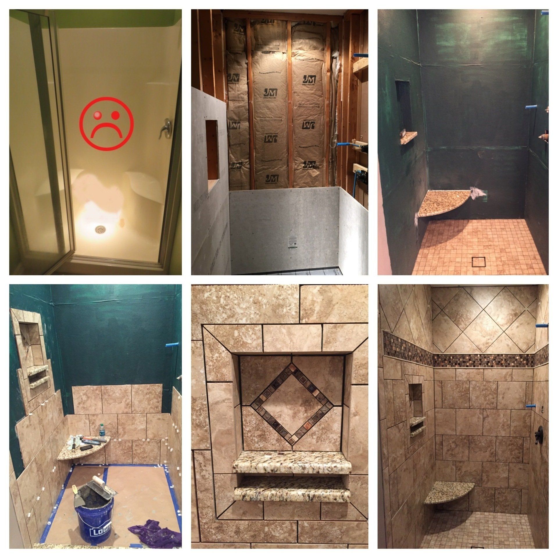 A collage of pictures of a shower being remodeled