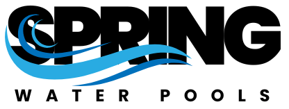 A logo for spring water pools with a blue wave in the middle.