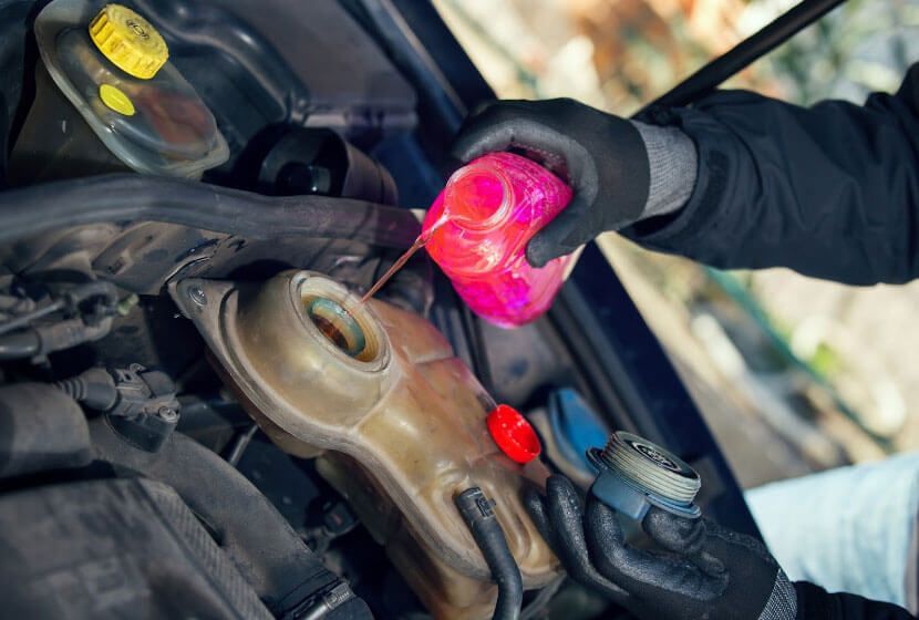 A person is pouring liquid into a car radiator.