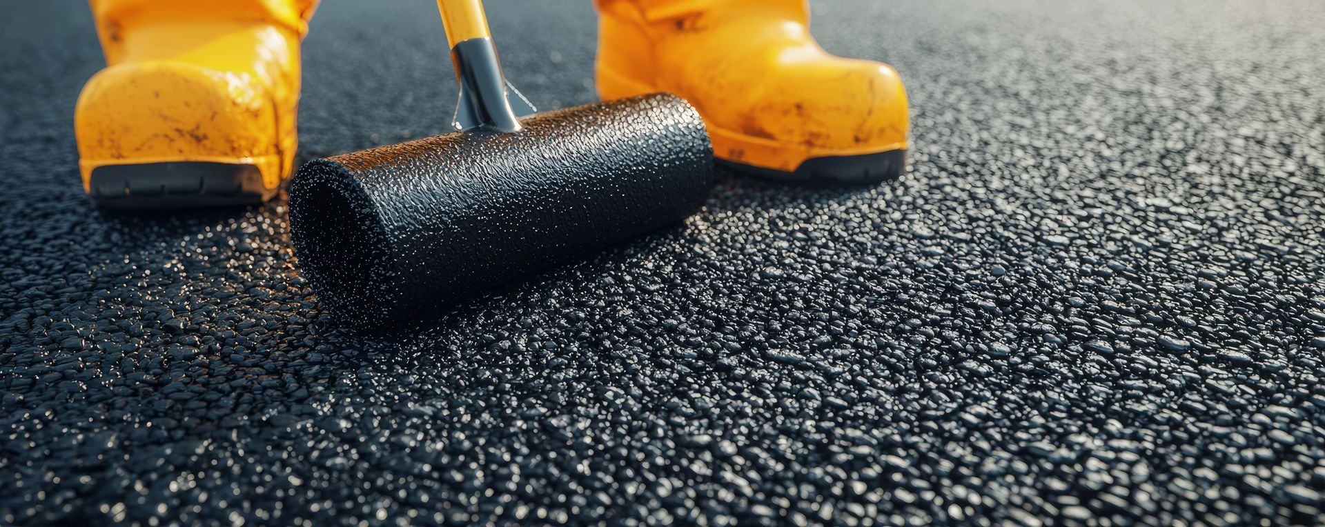 Close-up of a roller applying black sealcoat to newly paved asphalt. Close-up of a roller applying black sealcoat to newly paved asphalt.