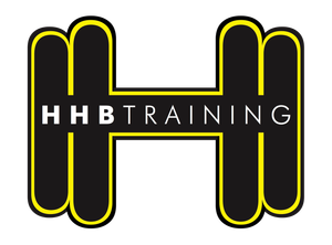 The logo for hhb training is black and yellow and looks like a dumbbell.