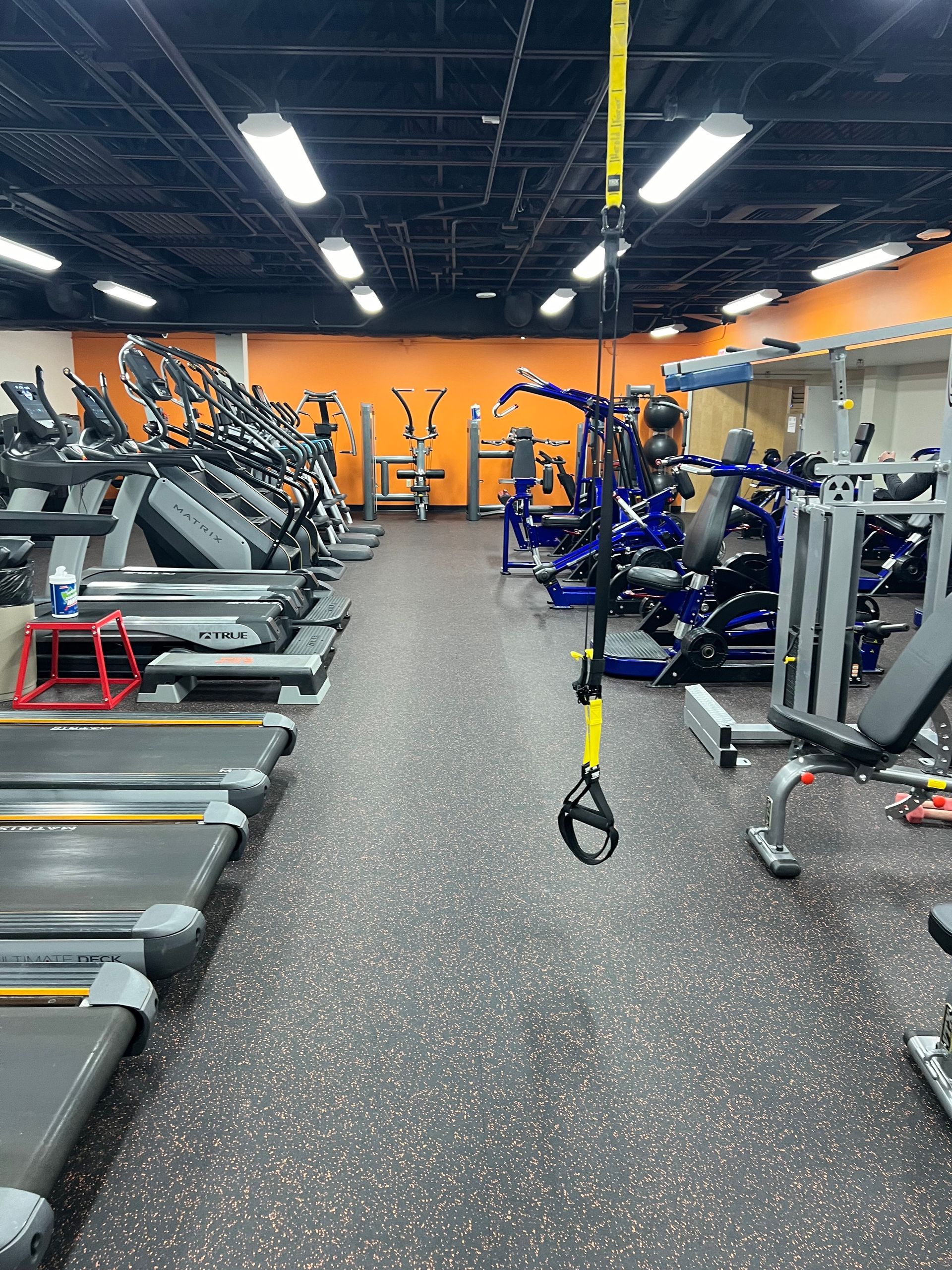 A gym with a lot of treadmills and exercise equipment