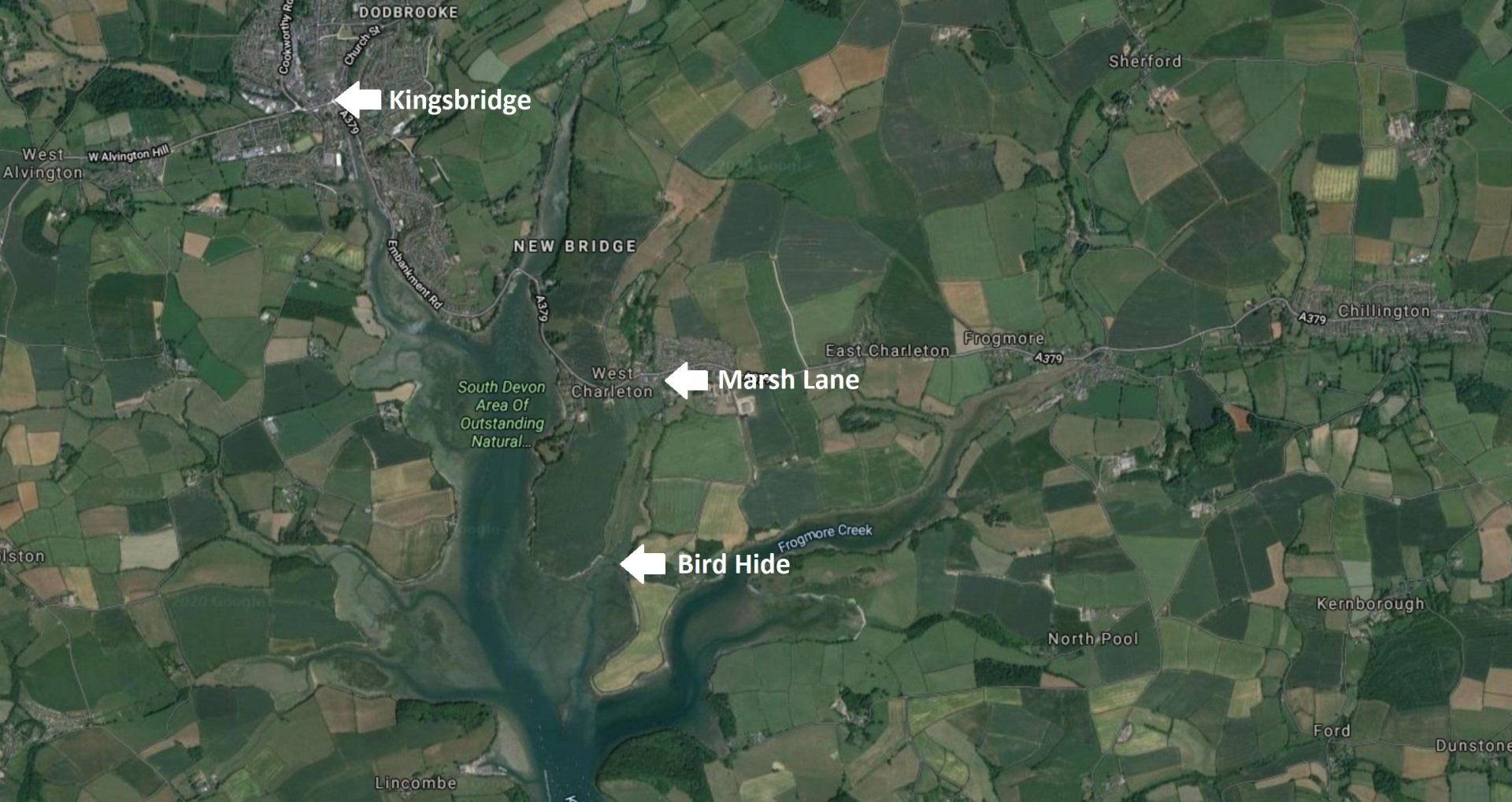 Our members are lucky to have an area of natural wetland within two miles of Kingsbridge with an excellent bird hide, mounted on a sea wall  Charleton Marsh can be reached from Marsh Lane, West Charleton, either on foot or from a small car park at grid reference SX752424  The site covers 8 hectares and is the natural valley for a small stream which widens out to support an extensive reed bed before discharging, via a culvert under the sea wall and a tidal flap, into the estuary
