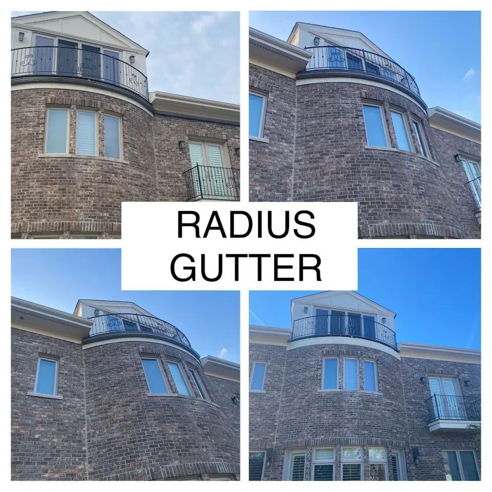 A collage showing a brick building with a curved section and radius gutter, blue sky.