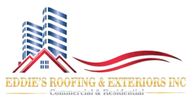 Logo for Eddie's Roofing & Exteriors Inc: Buildings, red roof, red and white swoosh, gold text on a white background.