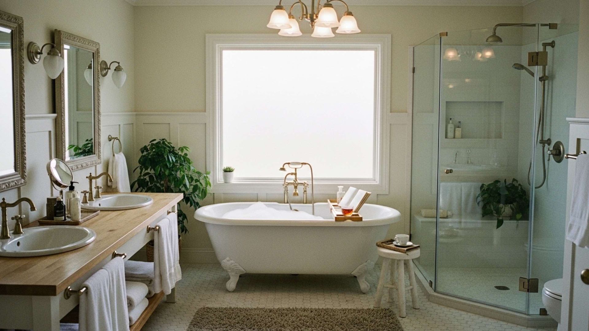 Elegant white bathroom with freestanding tub, shower, double vanity, and window.