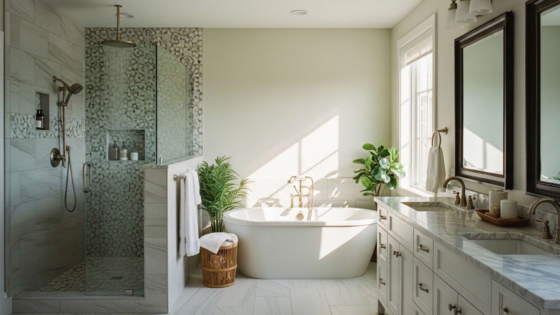 A bright, modern bathroom with a glass-enclosed shower, a white freestanding tub, dual vanities, and indoor plants.