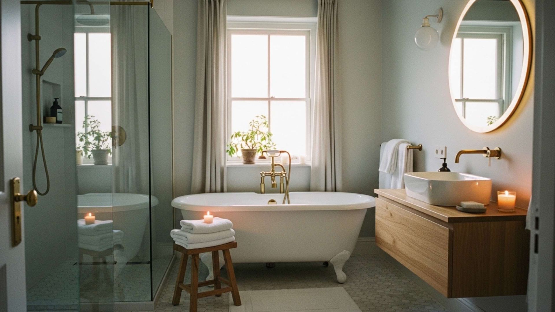 Bathroom with clawfoot tub, gold fixtures, candles, and a large window with natural light.