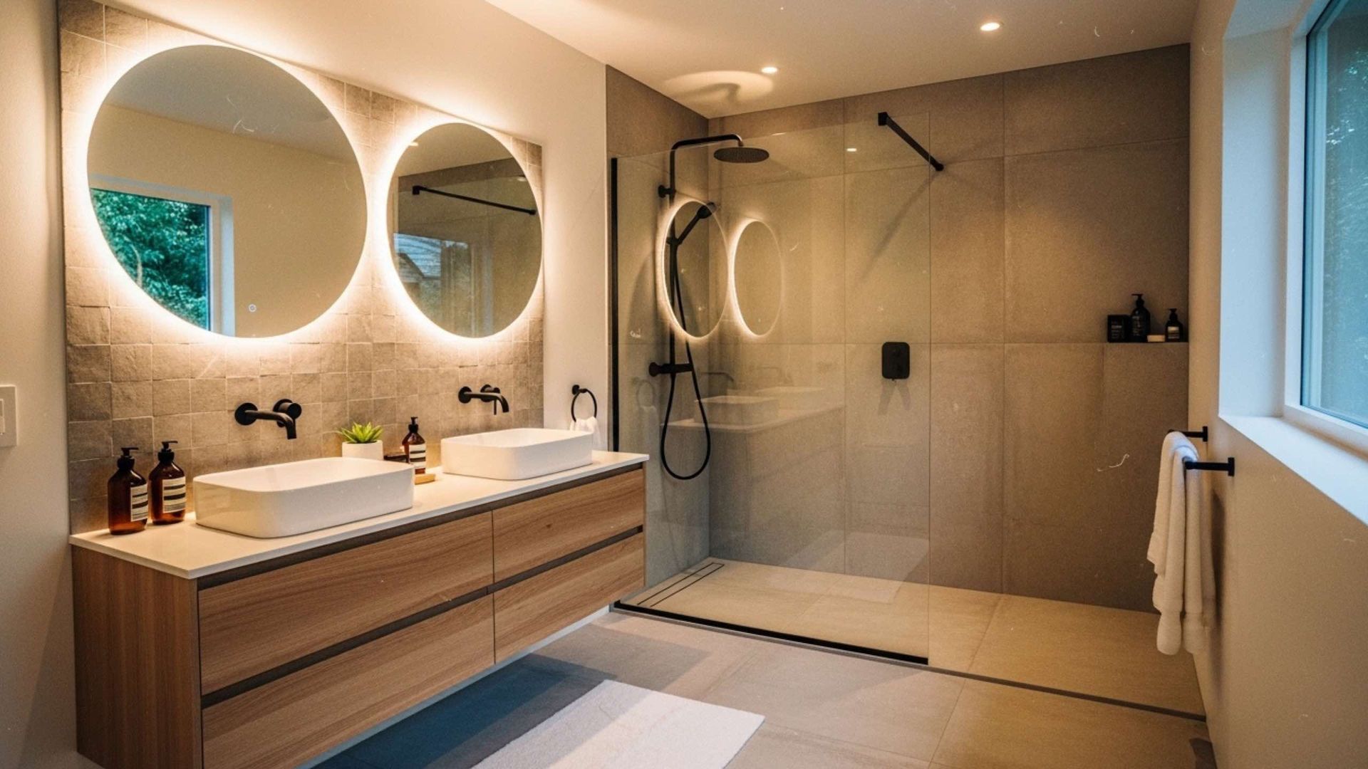 Modern bathroom with wooden vanity, two round mirrors with backlights, and a walk-in shower.