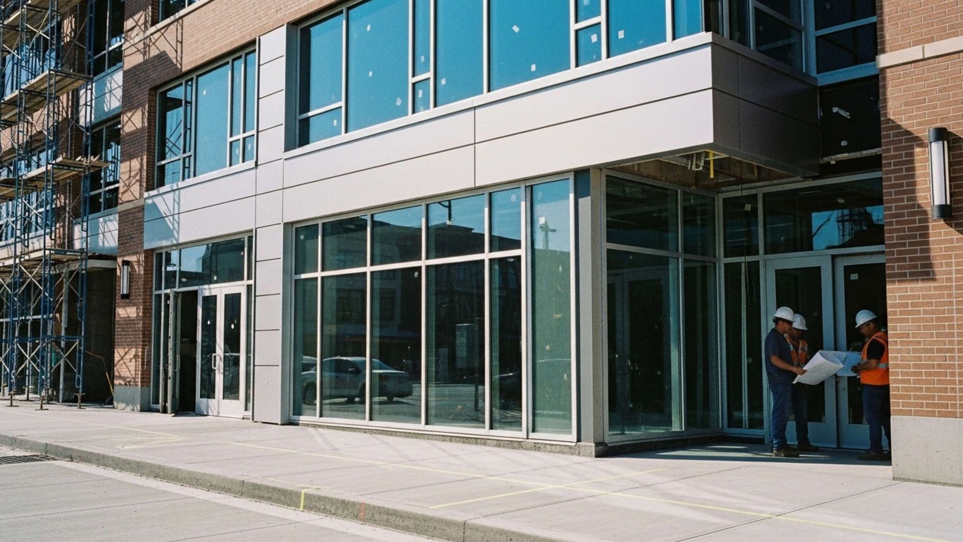 Exterior of modern building under construction with two workers examining blueprints.