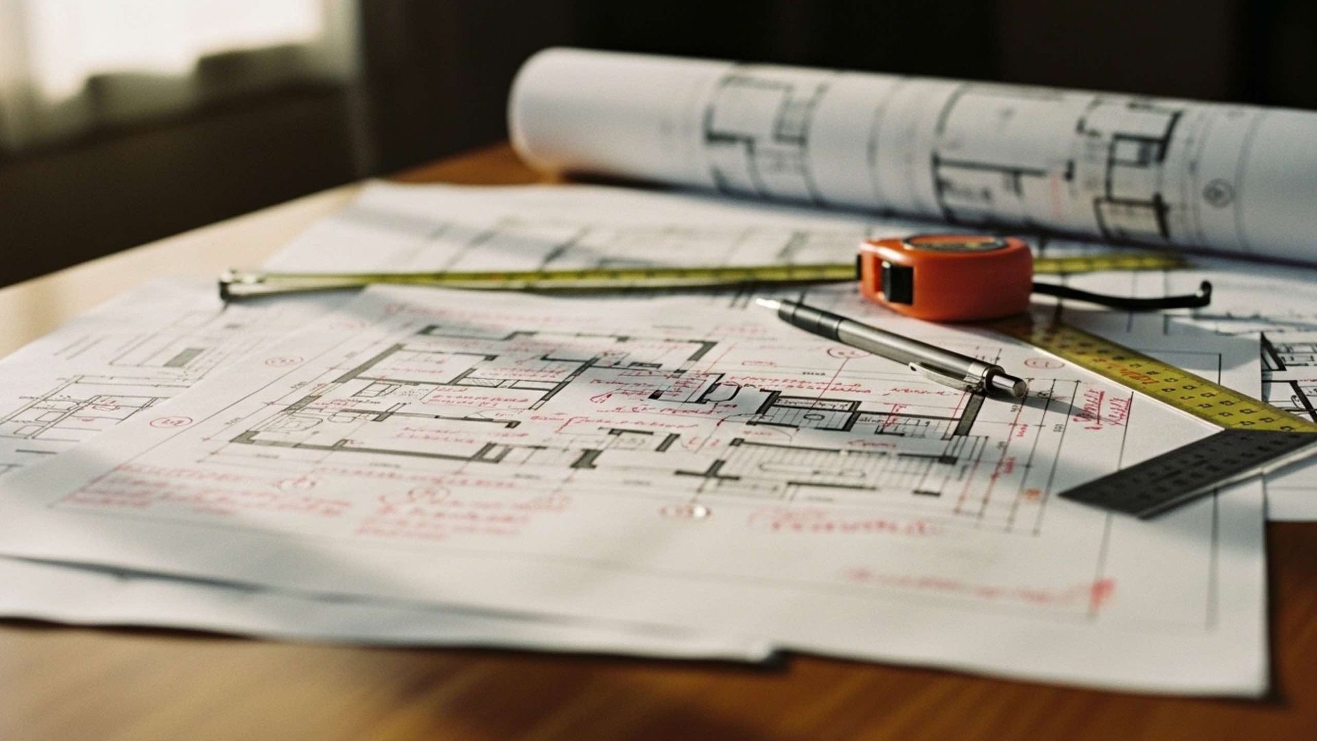 Architectural blueprints on a table with a measuring tape, pencil, and rolled-up plans, bathed in sunlight.