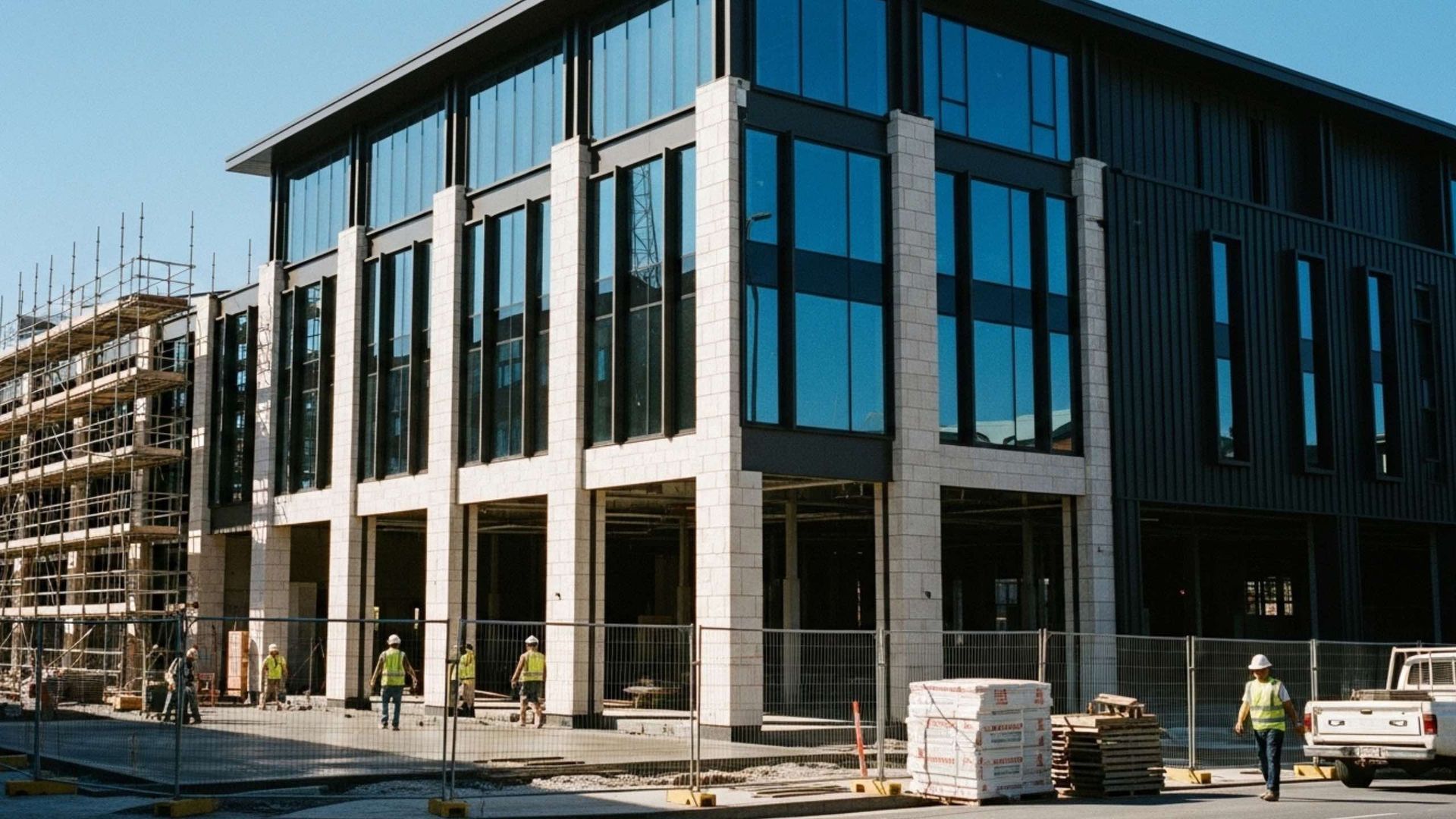 Construction site; modern building with large windows and workers in safety vests.