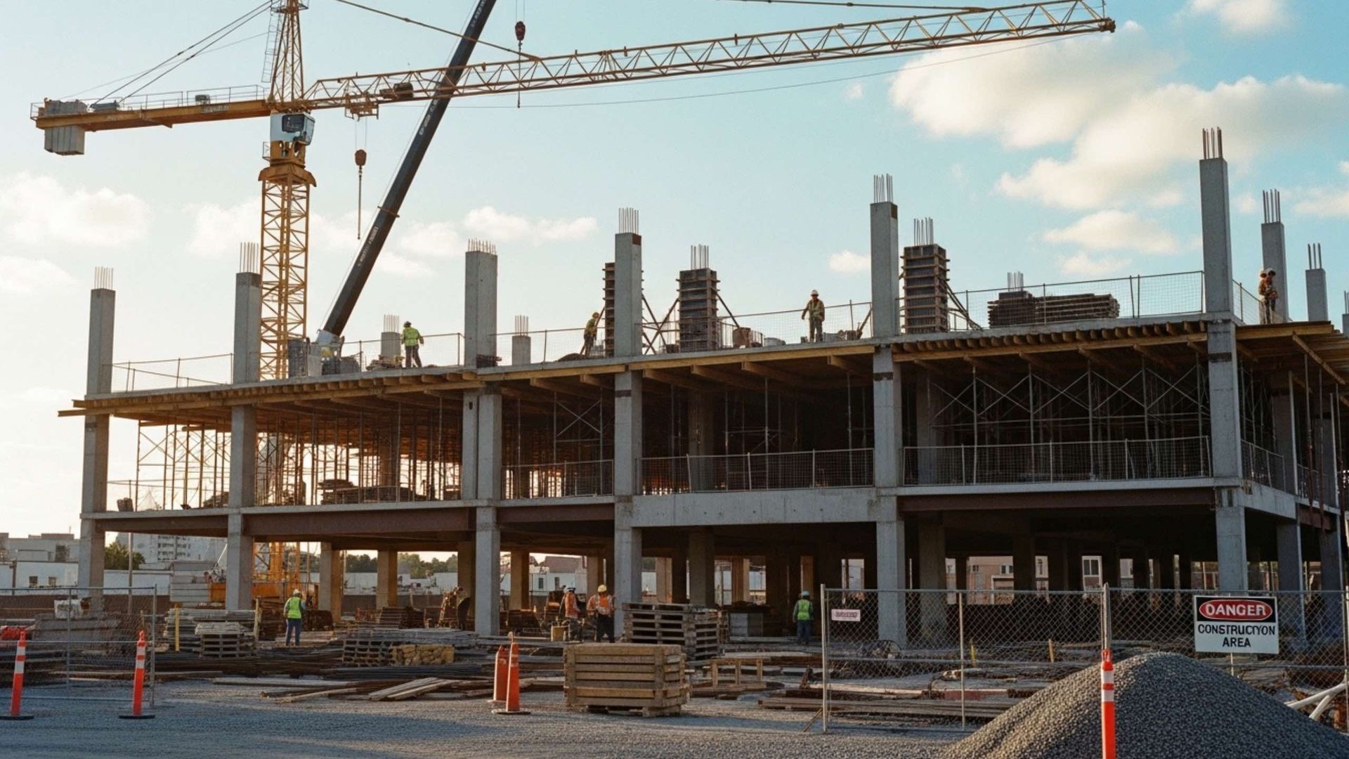 Construction site with a partially built building, cranes, and workers.