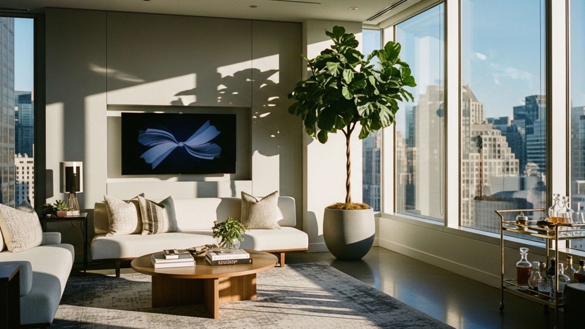 Modern living room with city view, sofa, coffee table, and large potted plant. Sunlight streams in.