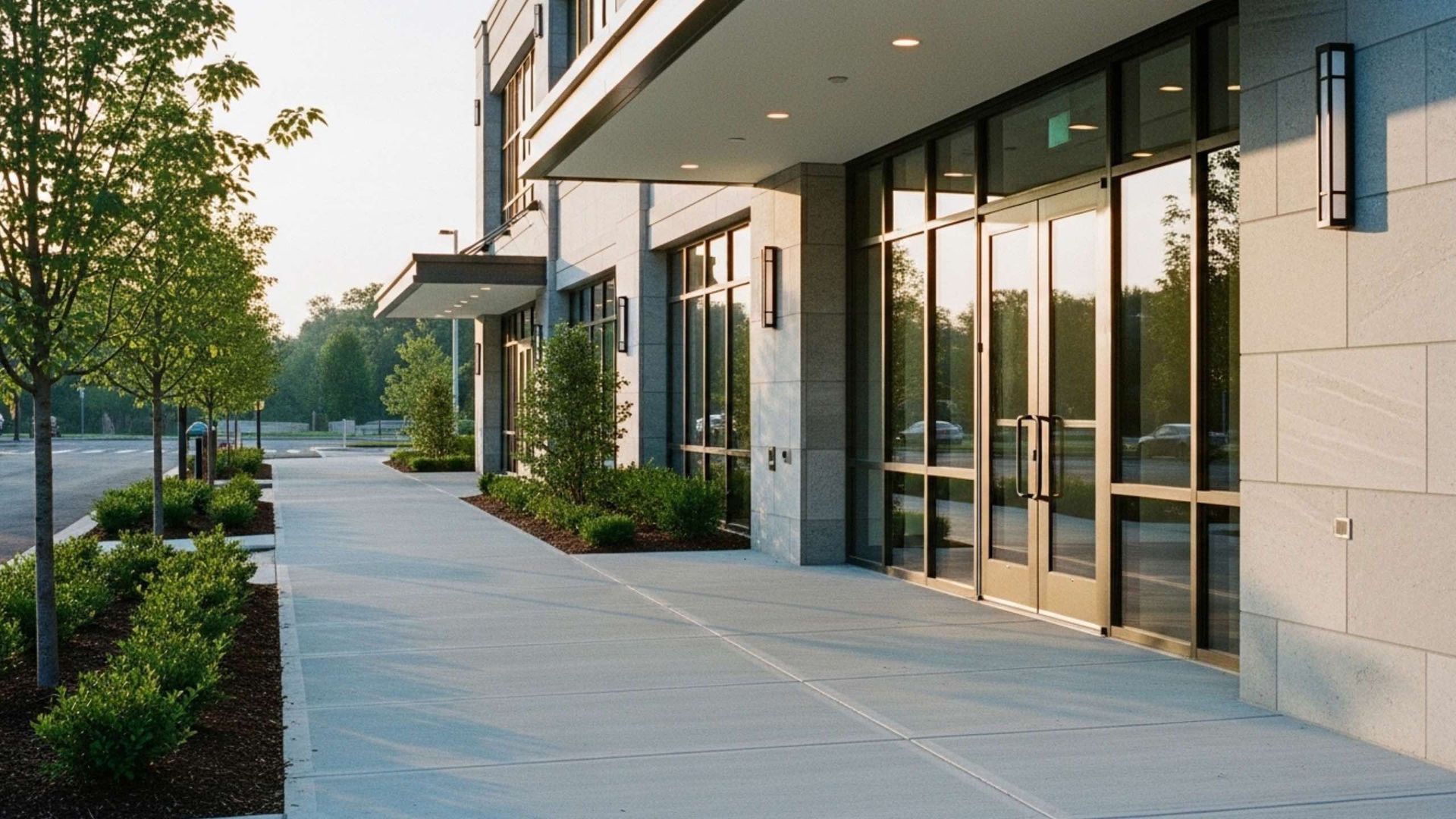 Exterior of a modern building with large glass doors and sidewalk. Small trees and bushes line the walkway.