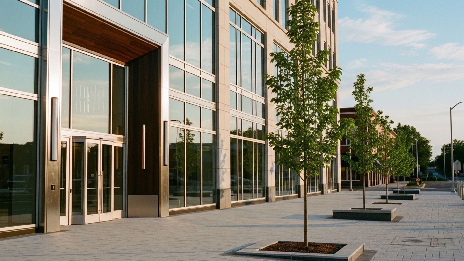 Modern building entrance with glass windows, sidewalk with trees, and gray paving.
