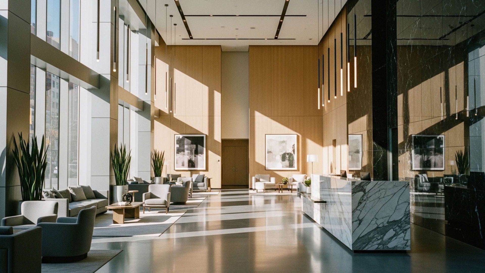 Spacious lobby with floor-to-ceiling windows, wood paneling, marble desk, seating area, and artwork.