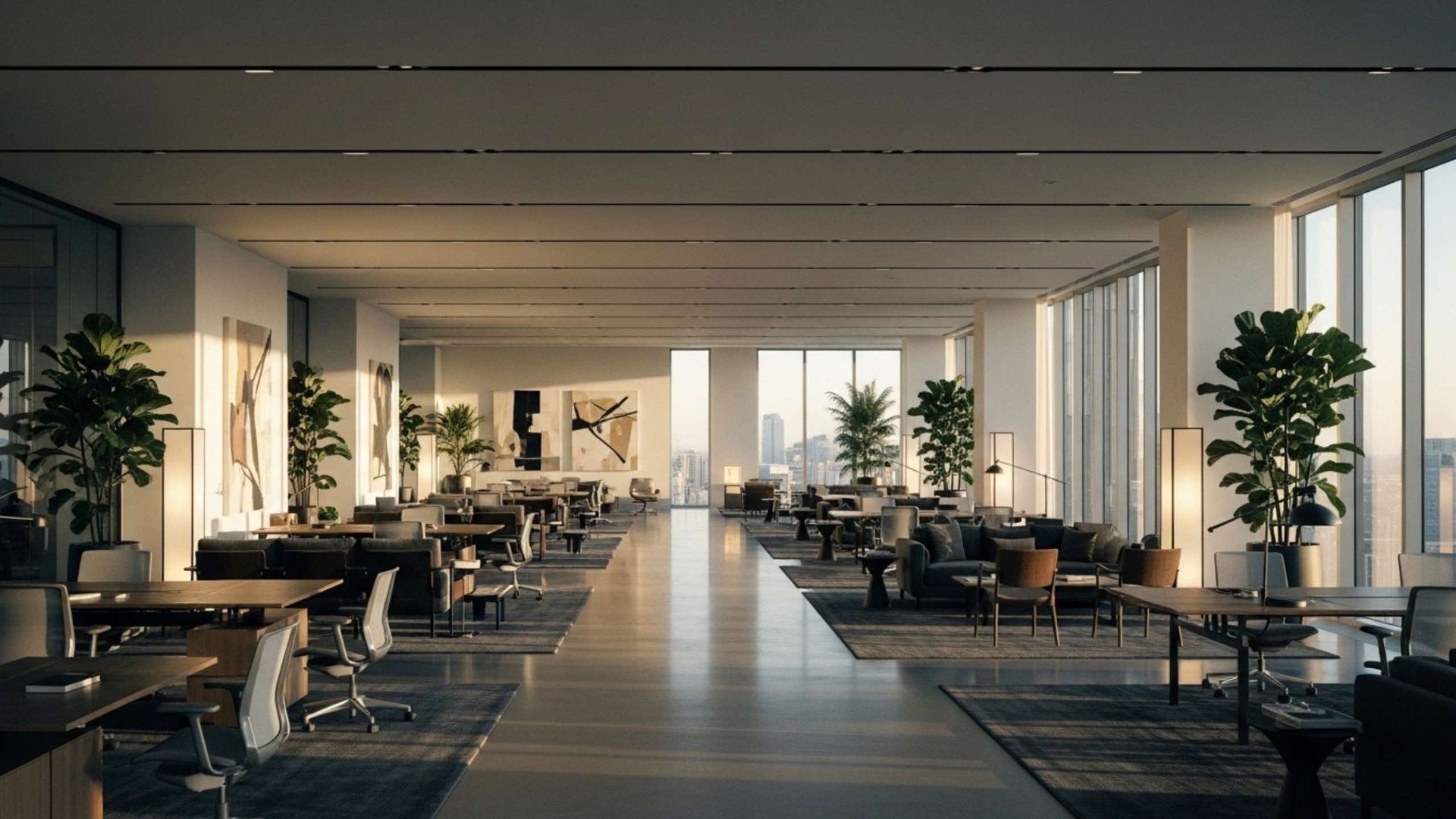 Spacious, modern office interior with desks, seating, and large windows offering a city view. Sunlight fills the room.